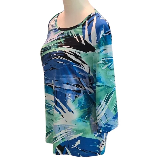 Bon Worth Women's Petite Medium Multicolor Abstract Top Ocean Colors 3/4 Sleeves - Picture 2 of 9